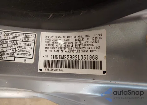 2002 Honda Civic Ex z USA, uszkodzony, nr VIN 1HGEM22992L051968